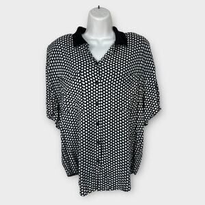 Vintage 80s Black and White collared button down polka dot rayon blouse 14/16